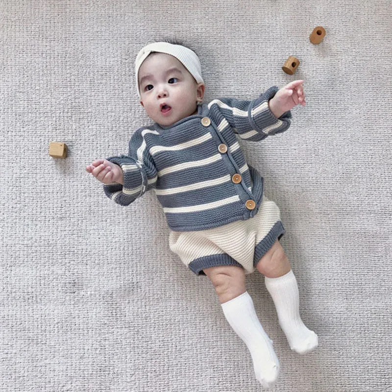 2019 Spring Autumn Girls Boys Horizontal Stripes Cardigan Coat + Shorts Kids Clothes Outfits Suits Children Clothing Sets | Детская