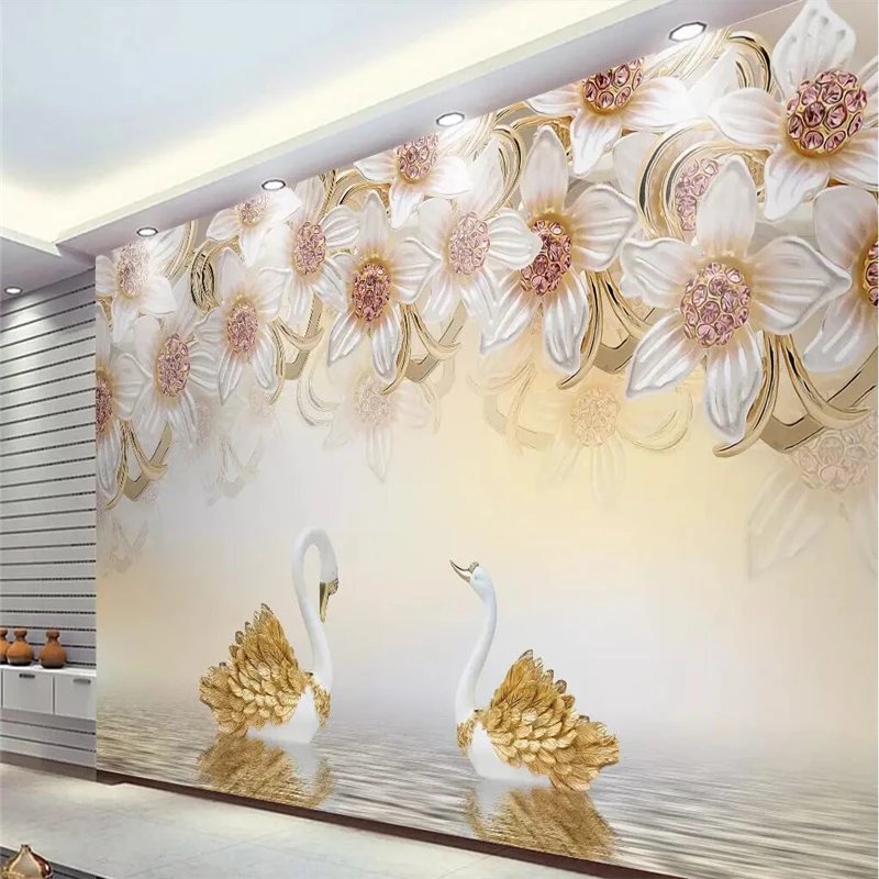 

beibehang Wallpaper custom living room bedroom wallpaper mural 3d three-dimensional jewelry flower swan TV background wall