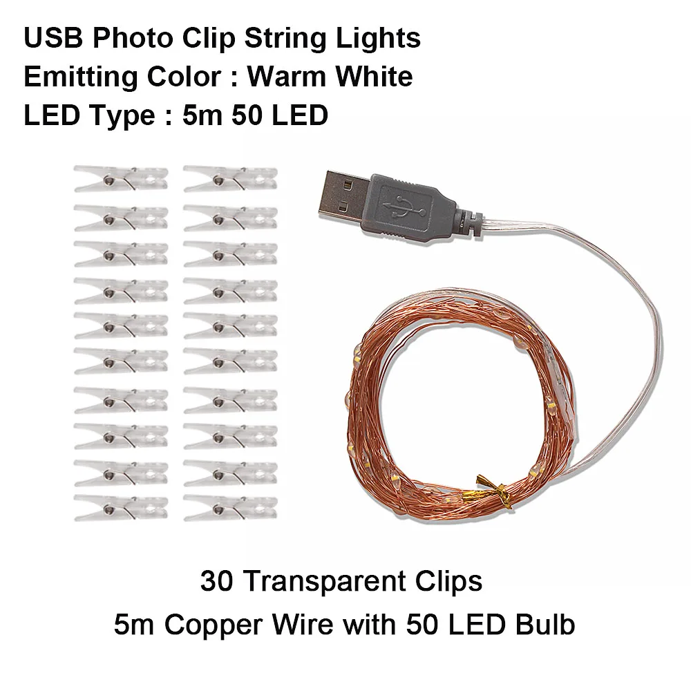 5m 50LED Фото клип USB светодиодный струнный светильник медный провод 10 м светодиодный Сказочный свет Рождественская гирлянда наружное/внутреннее украшение для дома Свадебная вечеринка - Испускаемый цвет: 5m 50LED
