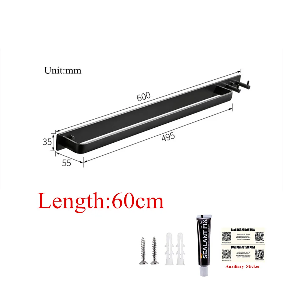 Length60cm Черный держатель для полотенец для ванной комнаты с крючками настенное крепление алюминиевый Душ Caddy вешалка на клейкой основе etagere bain Фреска - Цвет: Length60cm