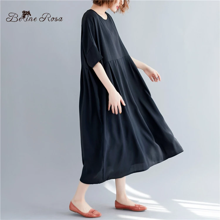 BelineRosa Simple Casual Black Color Dress in Big Sizes High Waist Loose Style Women Dress Cotton Linen Natural CLothesBSDM0250
