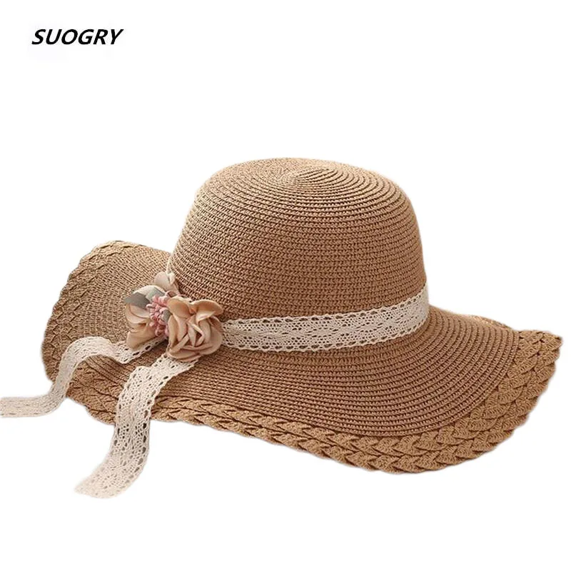 

Летняя Пляжная соломенная шляпа с широкими полями и цветочным кружевом для девочек, оптом и в розницу, 2018