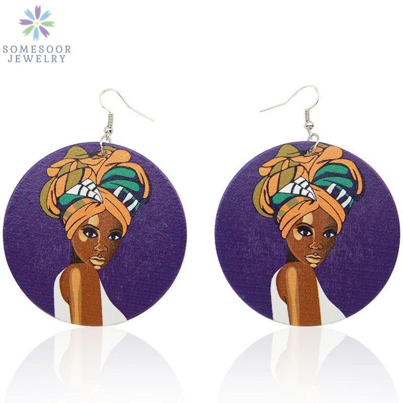 

SOMESOOR African Natural Wood Ethnic Earrings Printed Fabric Headwrap Woman Black AFRO Dangle Jewelry As Girls Women Gifts 1pair