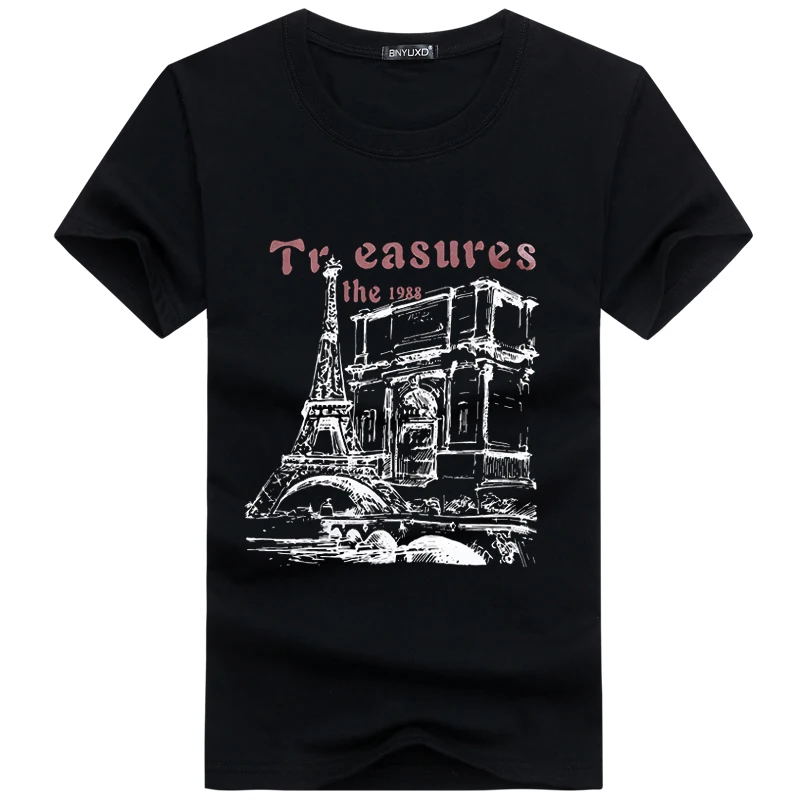 BINYUXD Summer Tops Fashion Eiffel Tower Print Short Sleeve T Shirt Men Casual Cotton Breathable Loose Brand Tees Male | Мужская одежда