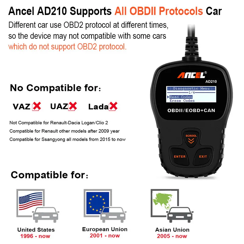 Ancel AD210 OBD2 диагностический сканер для автомобиля Автомобильный на испанском