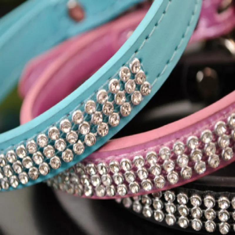 3 Rows Bling Rhinestone Small Pet Dog PU Leather Buckle Cute Cat Crystal Collar | Дом и сад