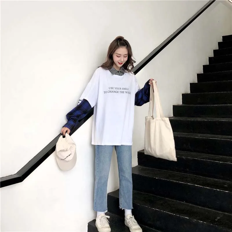 NiceMix Harajuku футболка Женские топы Поддельные 2 шт. футболка Лоскутная клетчатая рубашка с длинным рукавом Уличная рубашка Camiseta Feminina