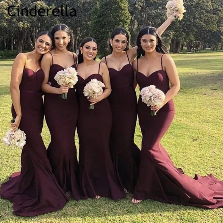 

Cinderella Champagne Sweetheart Spaghetti Straps Mermaid Bridesmaid Dresses Zipper Back Trumpet Satin Fabric Bridesmaid Gowns