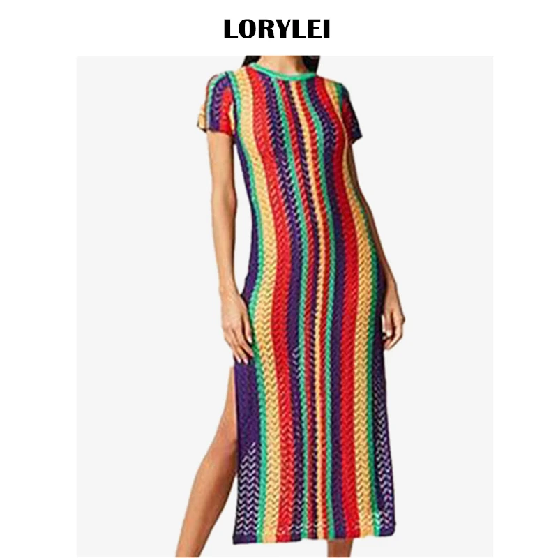2020 сексуальное с коротким рукавом разрезом по бокам разноцветное Полосатое