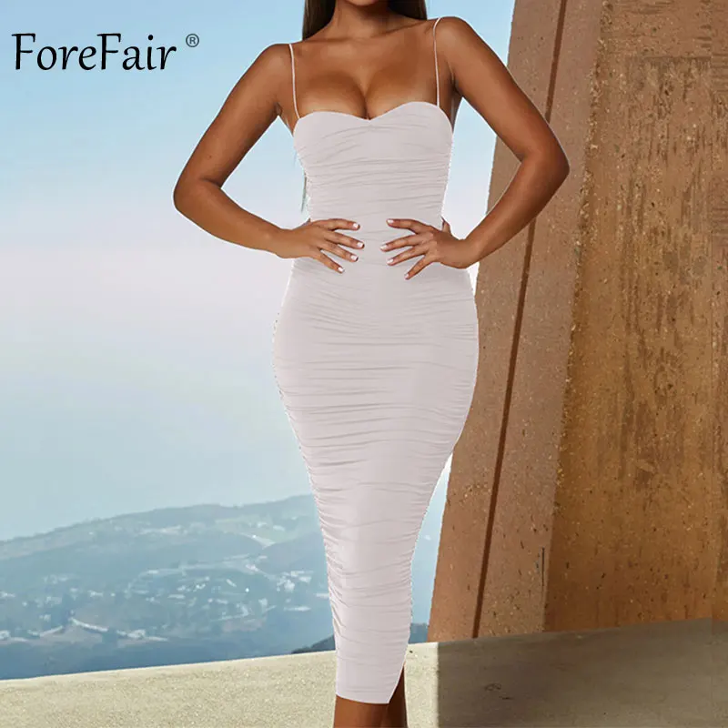 Forefair, сексуальное, миди, вечерние платья, новинка, красное, черное, облегающее, на бретельках, без бретелек, с открытой спиной, с рюшами, длинное, облегающее платье для женщин - Цвет: White Dress