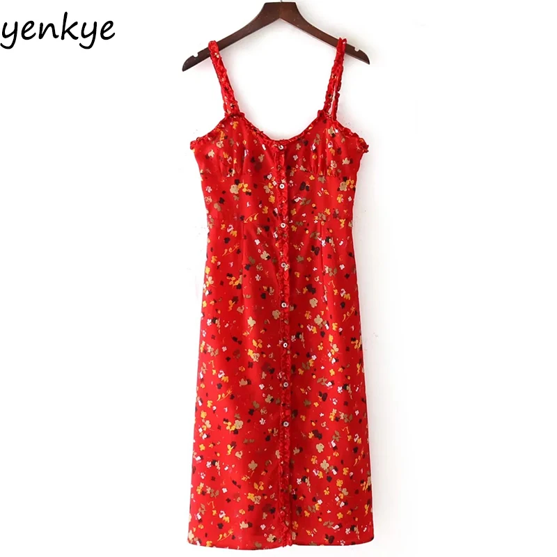 Сладкий Для женщин красный с цветочным принтом слинг сексуальное платье без