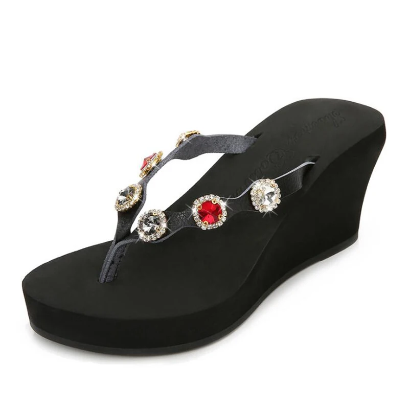 

New Summer Shoes Woman Platform Sandals Female Soft Leather Casual Beach Shoes Ladies Fashion Wedges Crystal Flip Flops b182