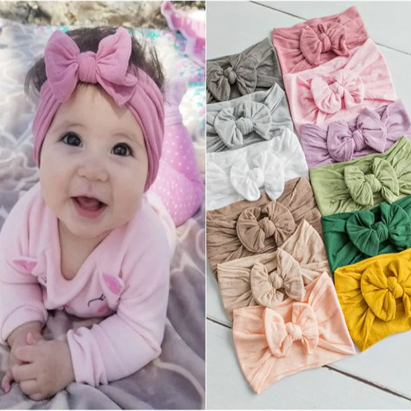 

1pcs Wide Bows Nylon Headbands Baby Girls Soft Elastic Nylon Head Bands 2018 Candy Colors Knot Bow Turban Head Wraps Hair Bands