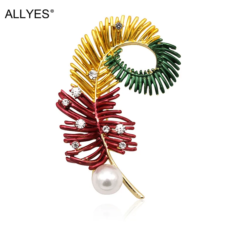 Женская Брошь с эмалью ALLYES золотистая металлическая брошь в форме листа жемчугом