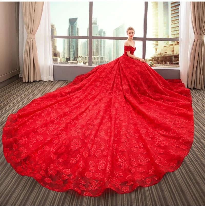 Vestido De Novia, новые элегантные свадебные платья, бальное платье с открытыми плечами, Красные Свадебные платья с рукавами, Robe De Mariage