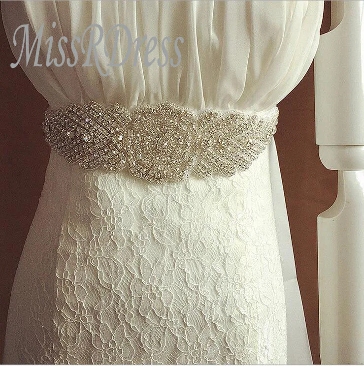

MissRDress Hand Beaded Wedding Belts Silver Crystal Bridal Dress Belt Rhinestones Wedding Sashes For women Long Dresses JK905