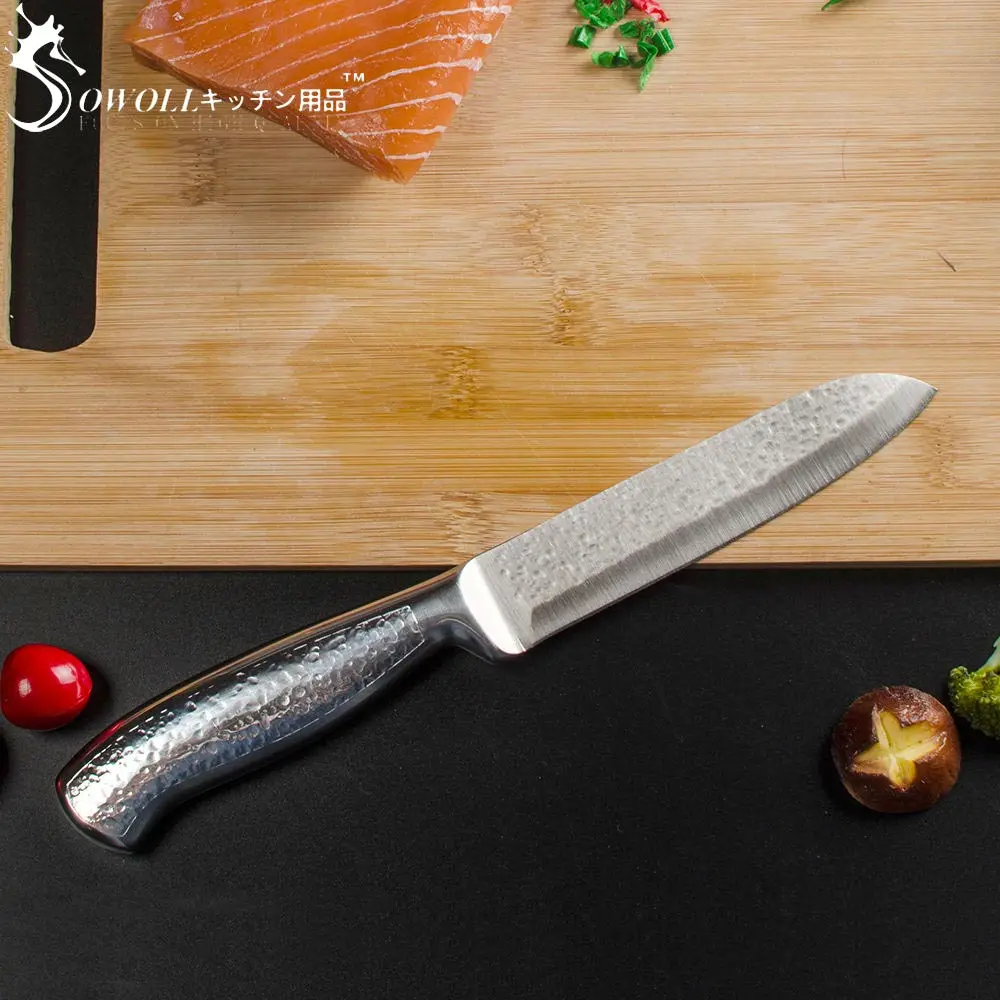 SOWOLL 3pcs Kitchen Knife Set 5&quot Steak 5.5&quot Santoku 8&quot Chef New Stainless Steel Hammer Veins Pattern Cooking Tools | Дом и сад