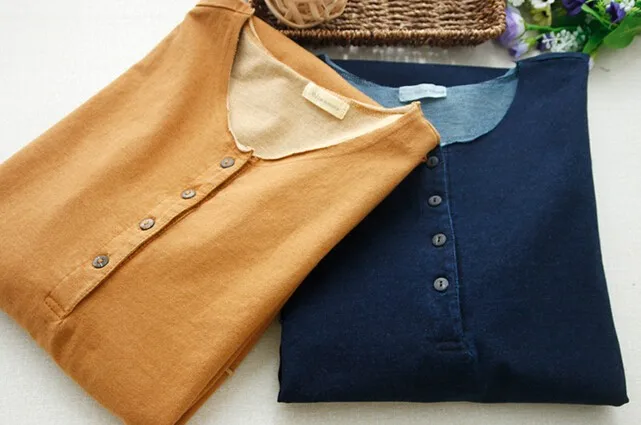 Темперамент ретро вязать хлопок o образным вырезом Длинные рукава деним Мори