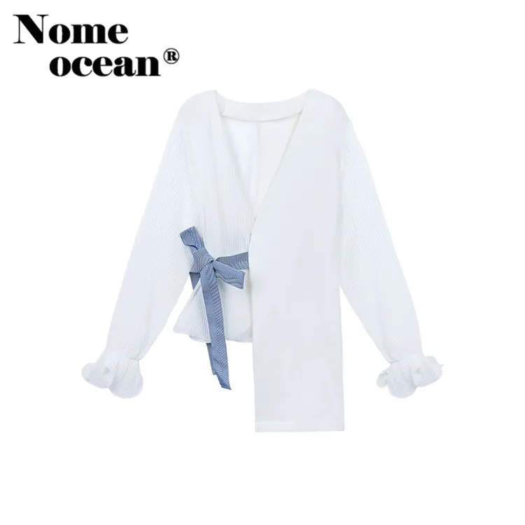 Белая Асимметричная женская блузка в стиле пэчворк с v образным вырезом Harajuku Blusas