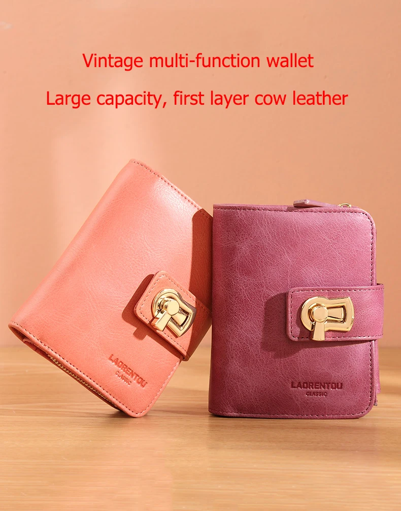 LAORENTOU Brand Women Standard Wallet Genuine Leather Wallets Fashion Short Zipper Purse Lady Coin Pocket Card Holder for Women