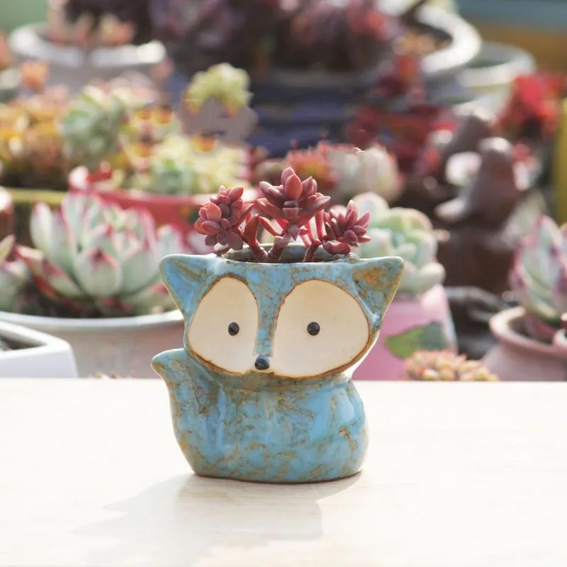 blue Creative Cartoon Fox Ceramic Flower Pot Thumb Pot Succulent Plant Pot Stoneware Breathable Pottery Basin Garden Decoration - Цвет: blue