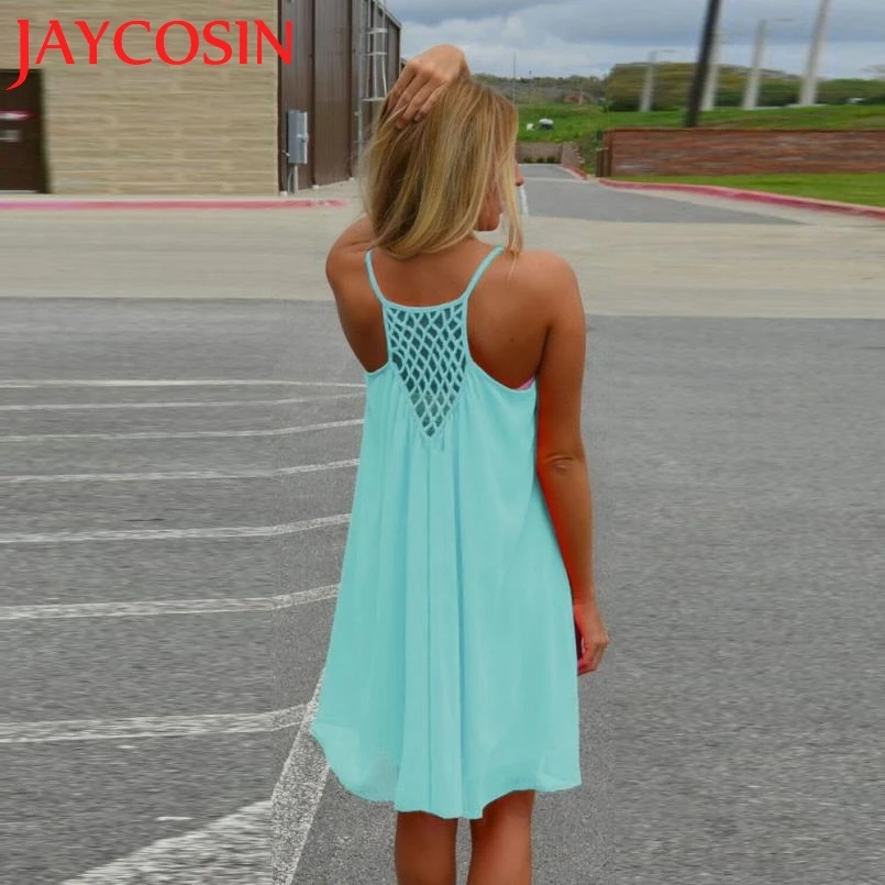 Женское короткое пляжное платье SIF шифоновое на бретельках с вырезом сзади