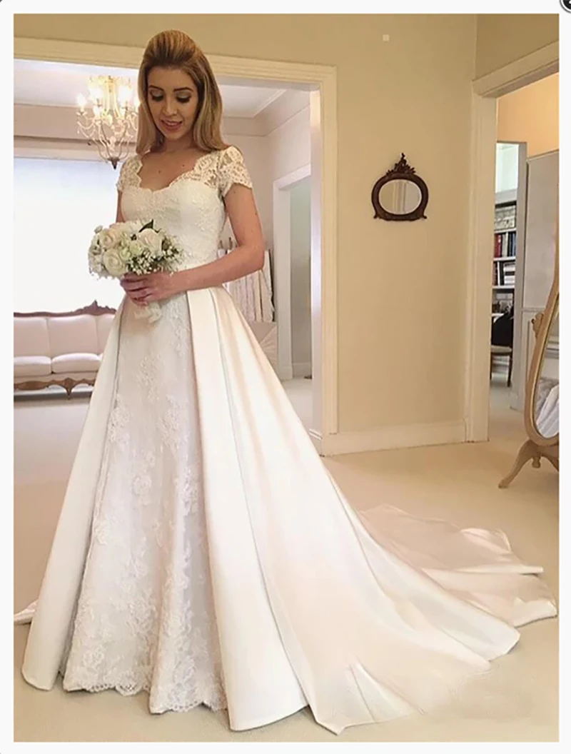 

LORIE Princess Wedding Dress A-Line Tulle Backless Boho Bride Dress Short Sleeves Satin Lace Wedding Gowns