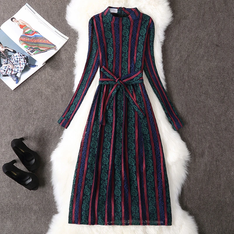 New 2018 Spring Autumn Vintage Dress Women Slim Patchwork Lace Long Robe Fashion Ladies Sleeved Casual Office Dresses | Женская одежда