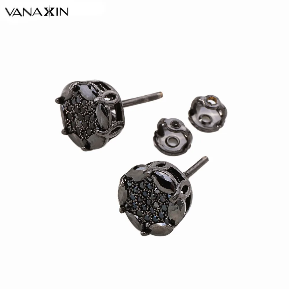 

VANAXIN 925 Stud Earrings For Women Girl Hot Luxury CZ Crystal Flower 925 Silver Elegant Pure White Clear Zircons Black Earrings