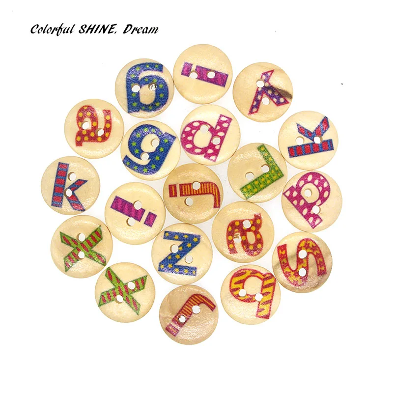 

200PCs Wholesale Natural Wooden Buttons Round Letter Design Scrapbooking Sewing Accessories DIY Craft 2 Holes 15mm Dia.