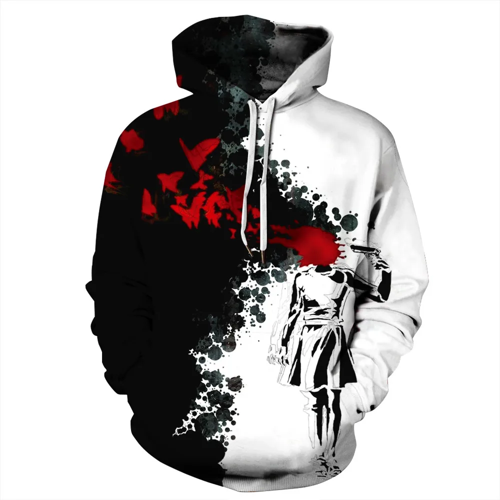 New Harajuku Hoodies Black White Men Women 3D Printed Red Blood Hooded Sweatshirts Streetwear Oversized Hoodie | Женская одежда