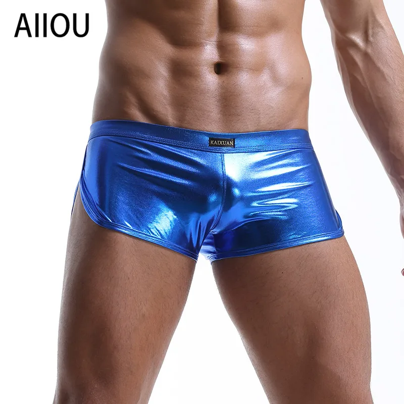 

AIIOU Sexy Mens Boxer Shorts Faux Leather Underwear Penis Pouch Underpants Male Trunks Dance Boxer Shiny Underwear Panties