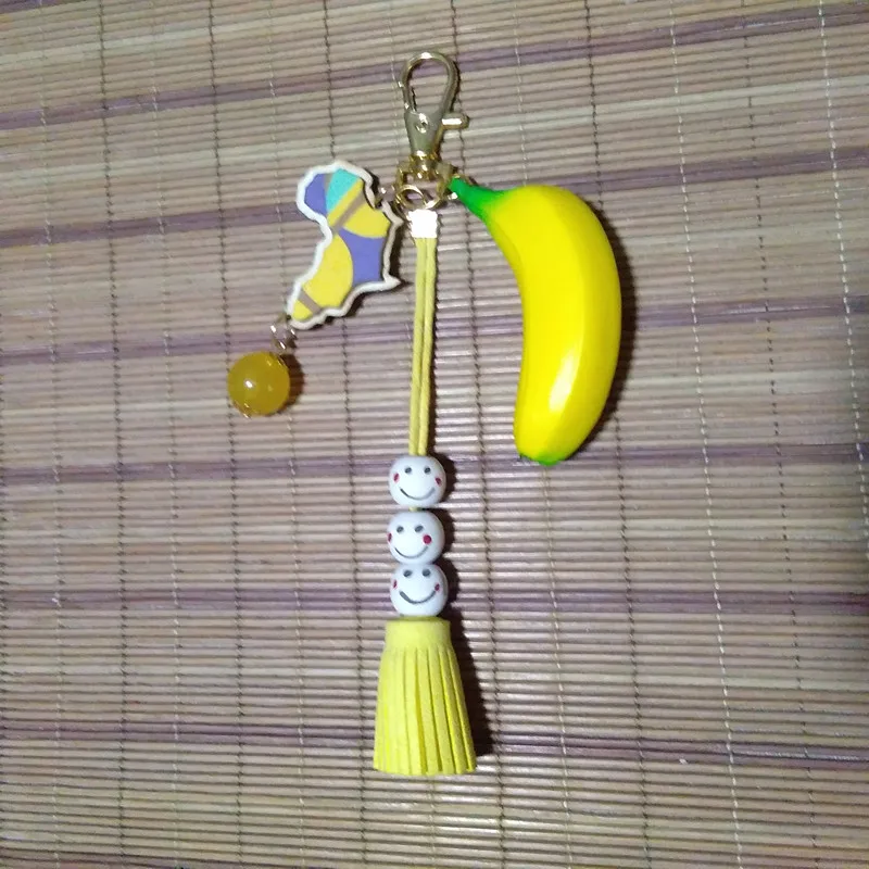 12pcs/lot PU Banana Key Chain Yellow Wooden Afica Map Keyring Wood Smile &amp Suede Tassel Bag Car Ring DIY Craft Gifts | Украшения и