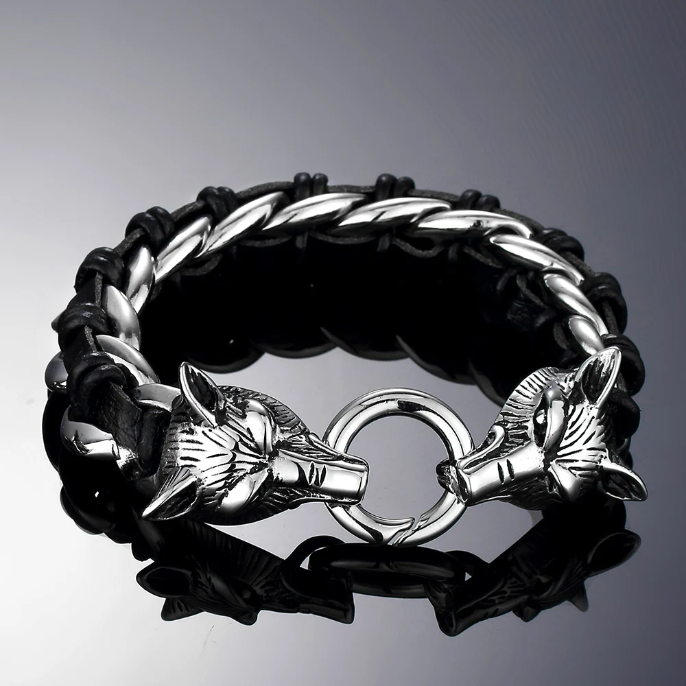 VPK 2019 new Wolf head leather woven titanium steel 316l bracelet Fashion Punk Rock hot sale Jewelry | Украшения и аксессуары