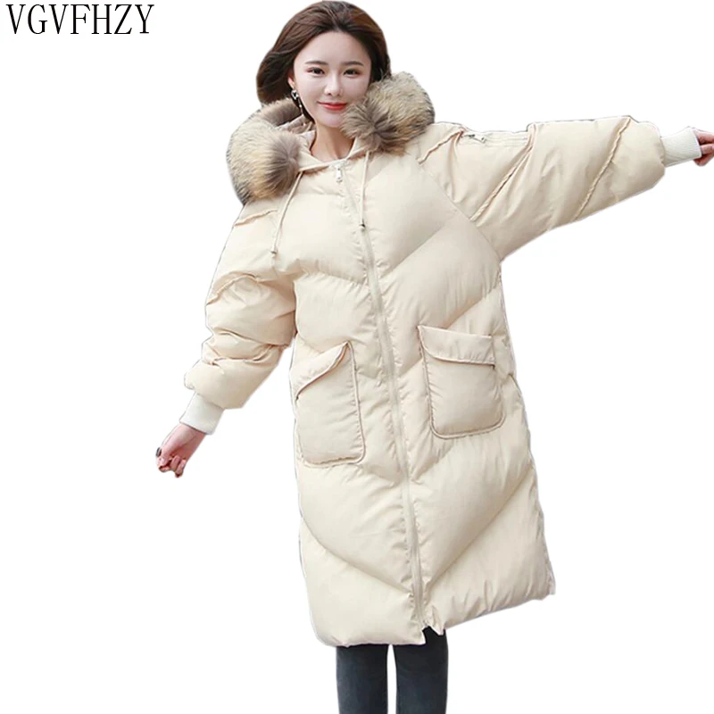 Winter Coat Women Large Fur Collar Hooded Long Jacket Thicken Warm Korean Padded Parkas 2018 New Oversized Loose Parka LY1208 | Женская