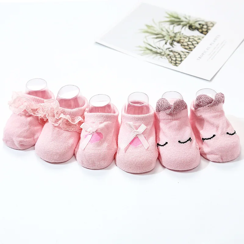 AiKway-Calcetines de algod&oacute;n para beb&eacute; y ni&ntilde;a, medias de encaje con lazo de dibujos animados, antideslizantes, 3 par/lote-4