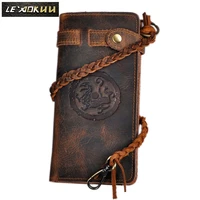 retro crazy horse leather handmade male long designer casual chain wallet fashion male multi layer day clutch bag purse 3377