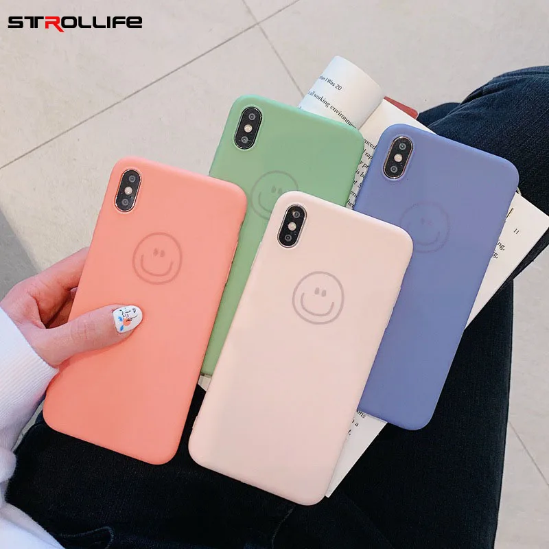 STROLLIFE New Fashion Candy Color Phone Case for IPhone XS Max XR Cute Smiling Face Cover 6 X 7 8 Plus Soft TPU Shell |