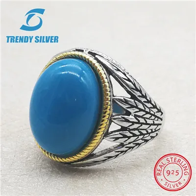 turquoise(gold rim) Серебро 925 ювелирных украшений мужские кольца мужские аксессуары Бирюзовый Камень Природный Оникс Агат модное серебристое - Цвет камня: turquoise(gold rim)