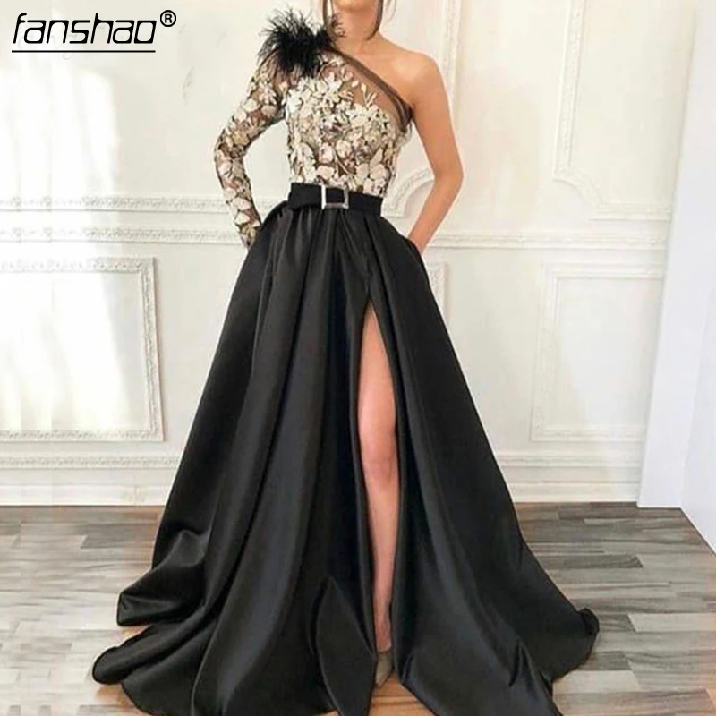 

Black Muslim Evening Dresses High Slit Satin One Shoulder Islamic Dubai Saudi Arabic Long Elegant Evening Gown-in Evening D