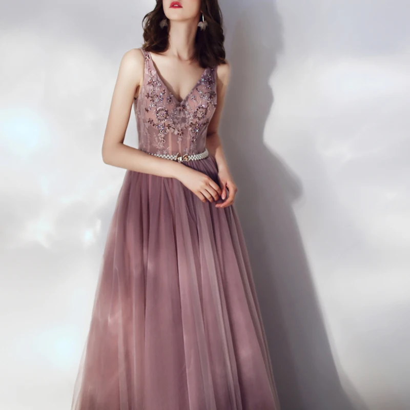 Женское кружевное платье SSYFashion элегантное фиолетовое в пол с V образным вырезом и