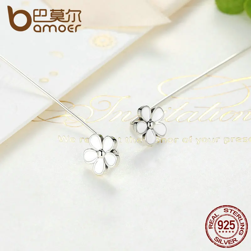 BAMOER,, 925 пробы, серебряный, белый цветок, 5,5 см, длинные висячие серьги для женщин, для помолвки, хорошее ювелирное изделие SCE012
