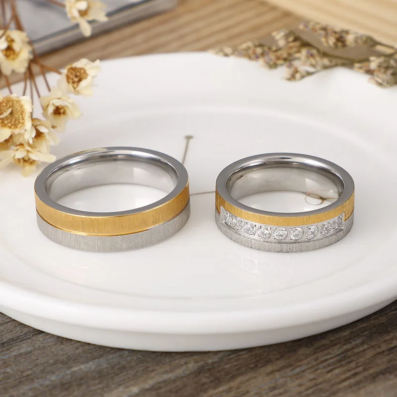 Simple Stainless Steel Alliance Ring Gold&ampSilver Color Couple Cubic Zirconia Wedding Female Male Anniversary Jewelry | Украшения и