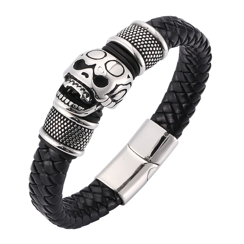 

New Punk Skull Bracelet Men Handmade Leather Bracelet Stainless Steel Magnetic Clasps Skeleton Charm Bracelet Men Jewelry SP0069