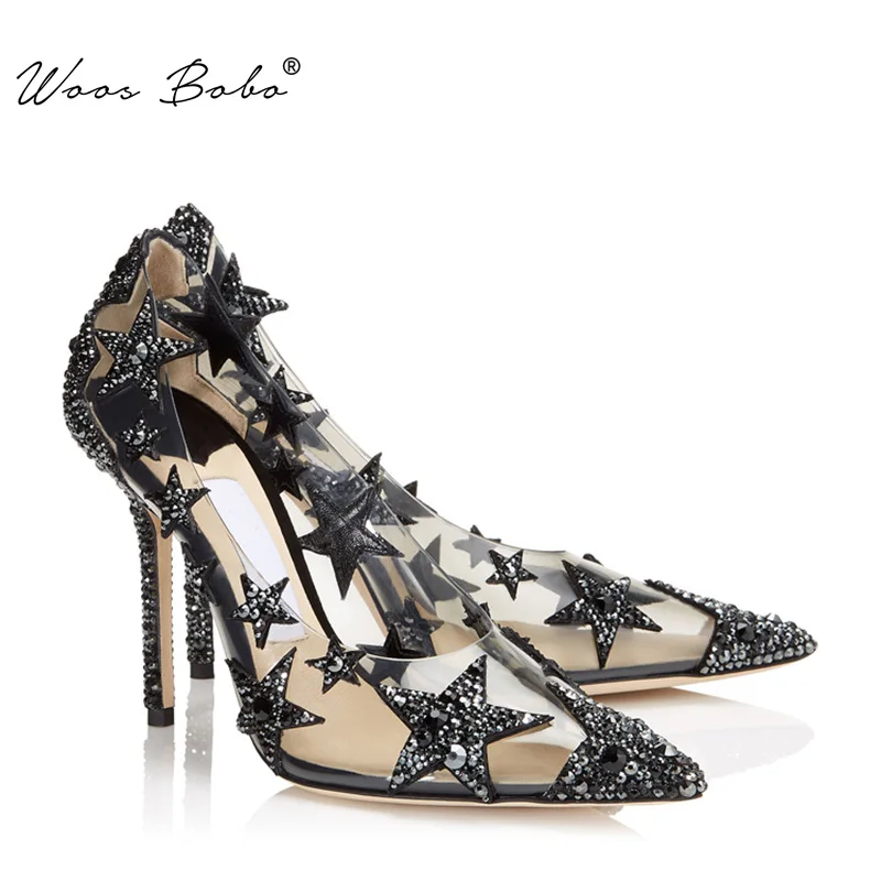Звезда Стразы с украшениями Женская обувь на высоком каблуке острым носком из