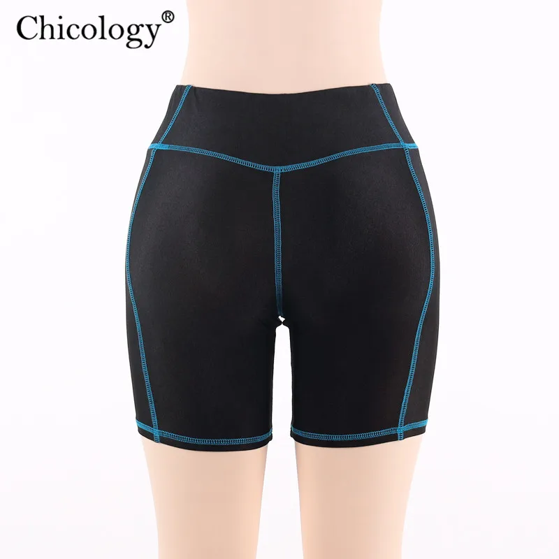 Chicology patchwork neon stripe women biker short 2019 summer female high waist sporting clothing sexy lady streetwear trousers | Женская