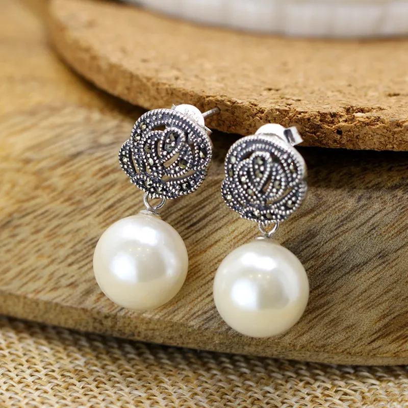 

Thai Silver 925 Sterling Silver Inlaid Pearl Drop Earrings For Women Exquisite cutting Ellipse Earrings Birthday Gift