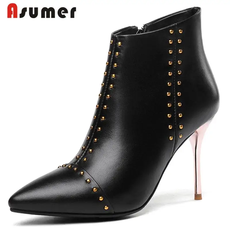 

ASUMER HOT SALE 2022 fashion rivet genuine leather boots stiletto high heels ankle boots for women winter boots wedding shoes