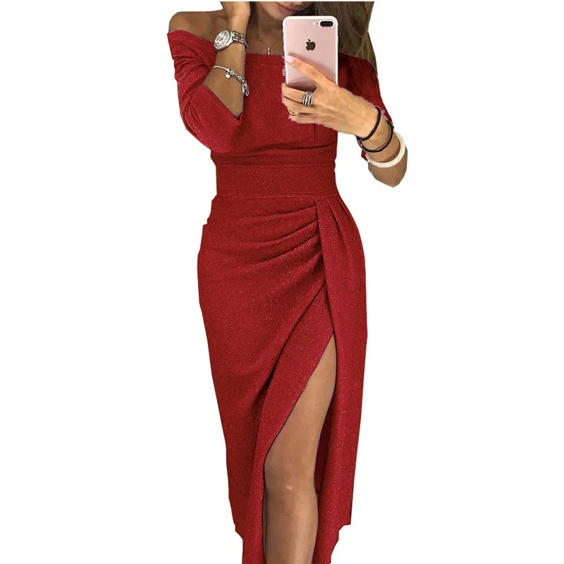 Облегающее Бандажное Разделение платье Vestidos год Для женщин сексуальное элегантное платье с открытыми плечами с воротником-лодочкой, миди знаменитости Платья для вечеринок - Цвет: 1