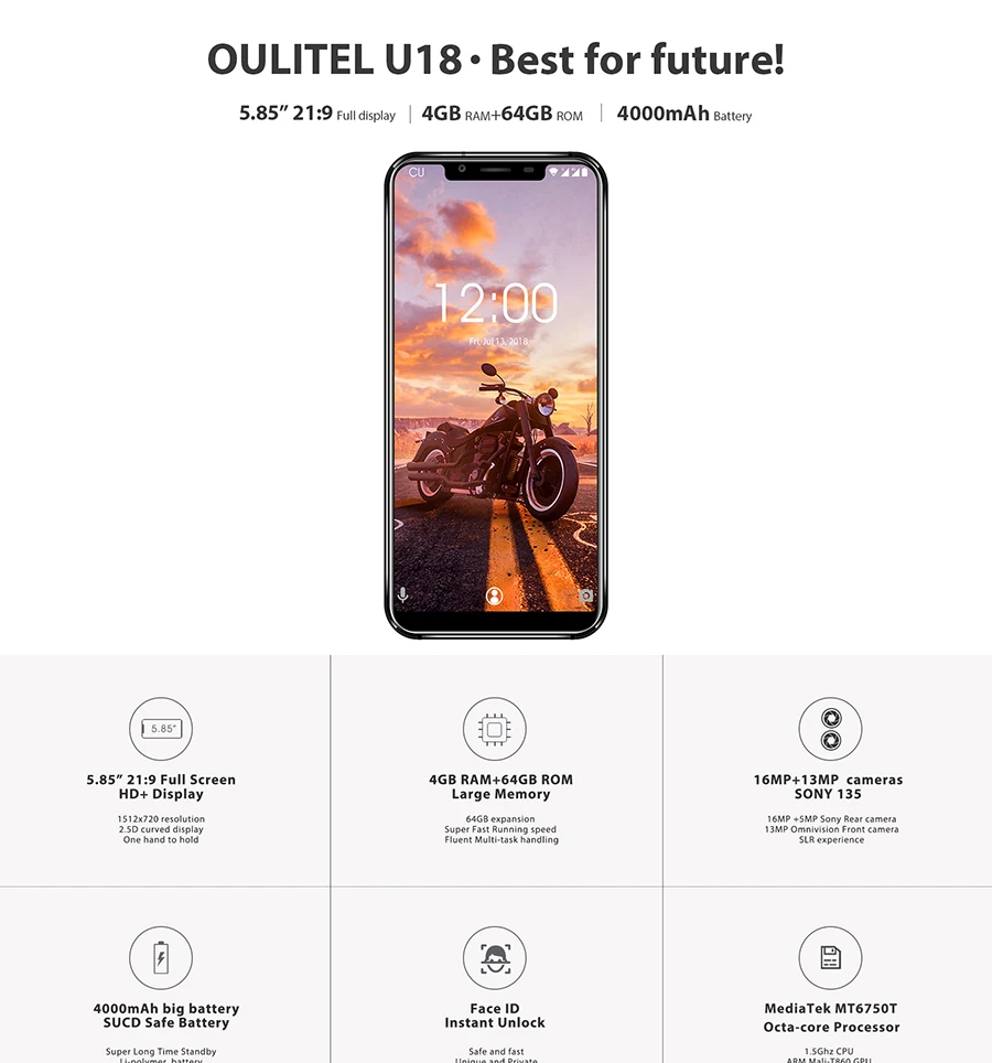 Oukitel U18 5,8" 21:9 полный Дисплей мобильного телефона Face ID MT6750T Octa Core Android 7,0 4 Гб Оперативная память 64 Гб Встроенная память 4000 мА/ч, 16MP мобильного телефона